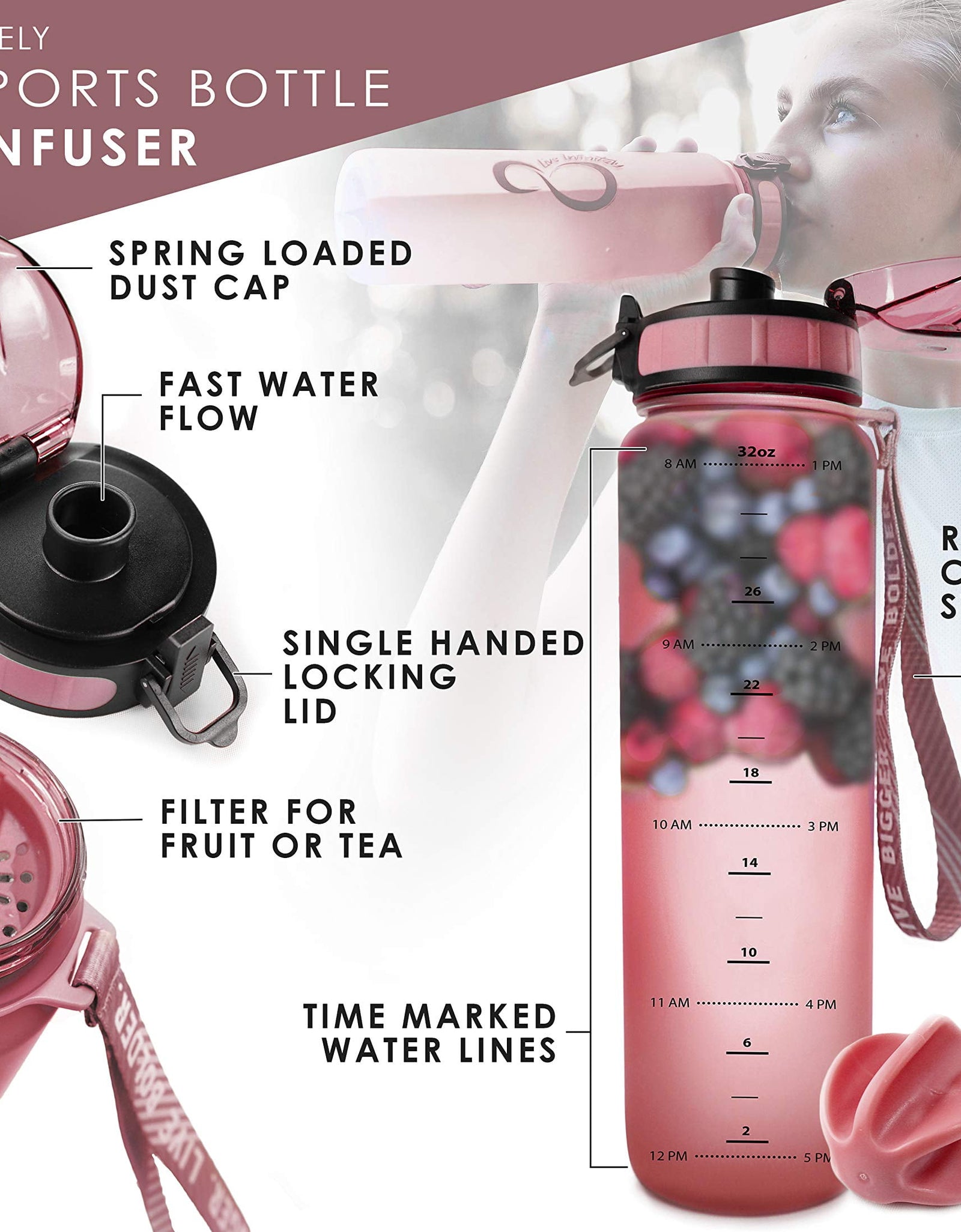 Gym Water Bottle with Time Marker Fruit Infuser and Shaker 34 Oz Amethyst