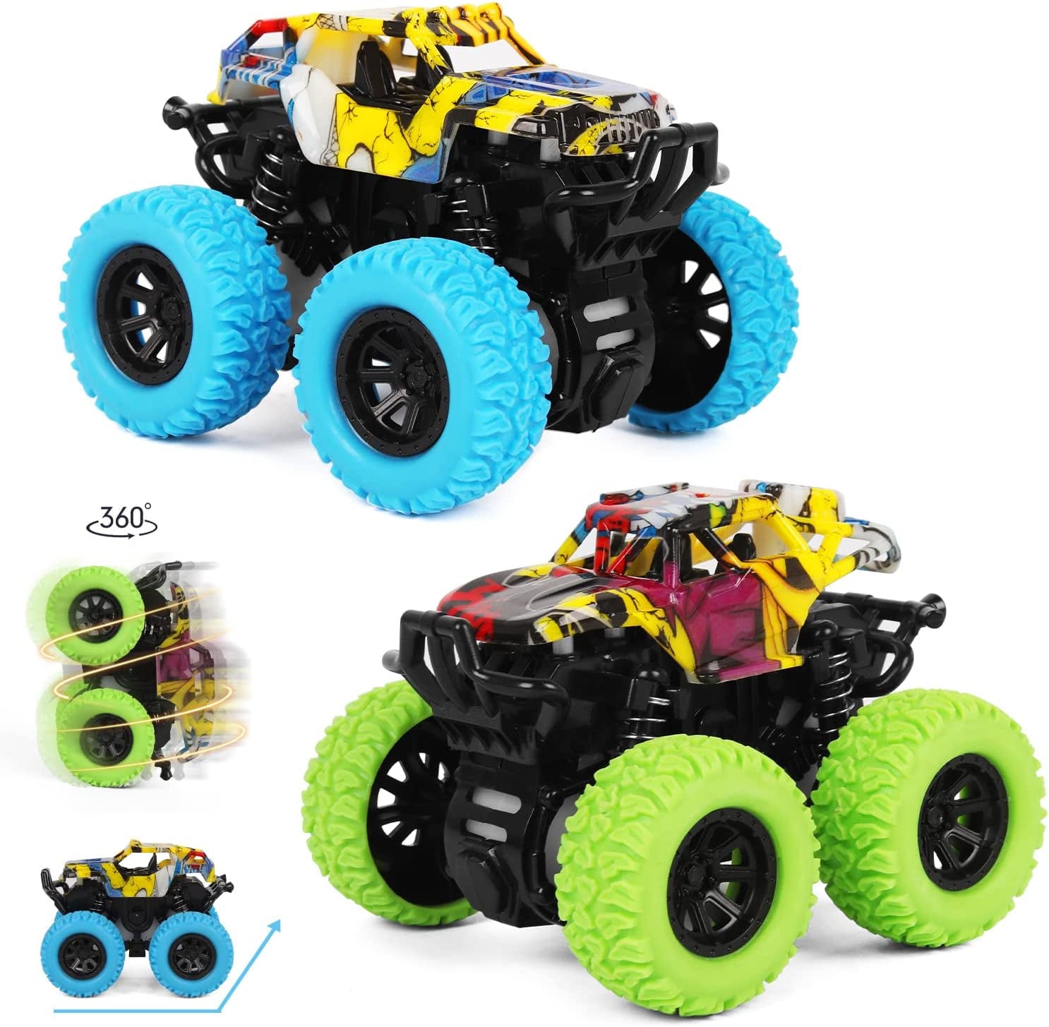 Car Toys for Boys 3-5 Years Old - Monster Toys Truck 2 Pack 360° Rotating Stunt Cars - Toddler Car Toys for Boys Girls Gifts