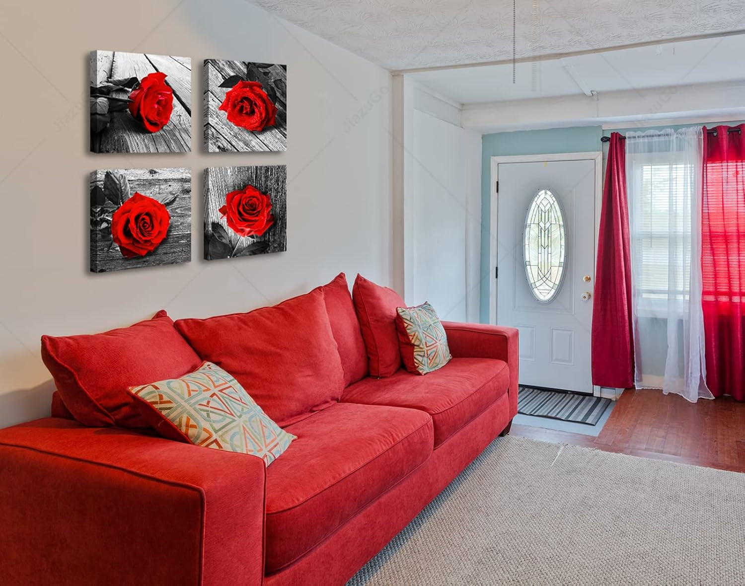 Red Bathroom Accessories Wall Decor for Couples Bedroom Black and White Paintings for Living Room Kitchen Home Decorations Canvas Prints Art Rose Flowers Love Picture Frame Artwork 12X12" 4 Pcs/Set