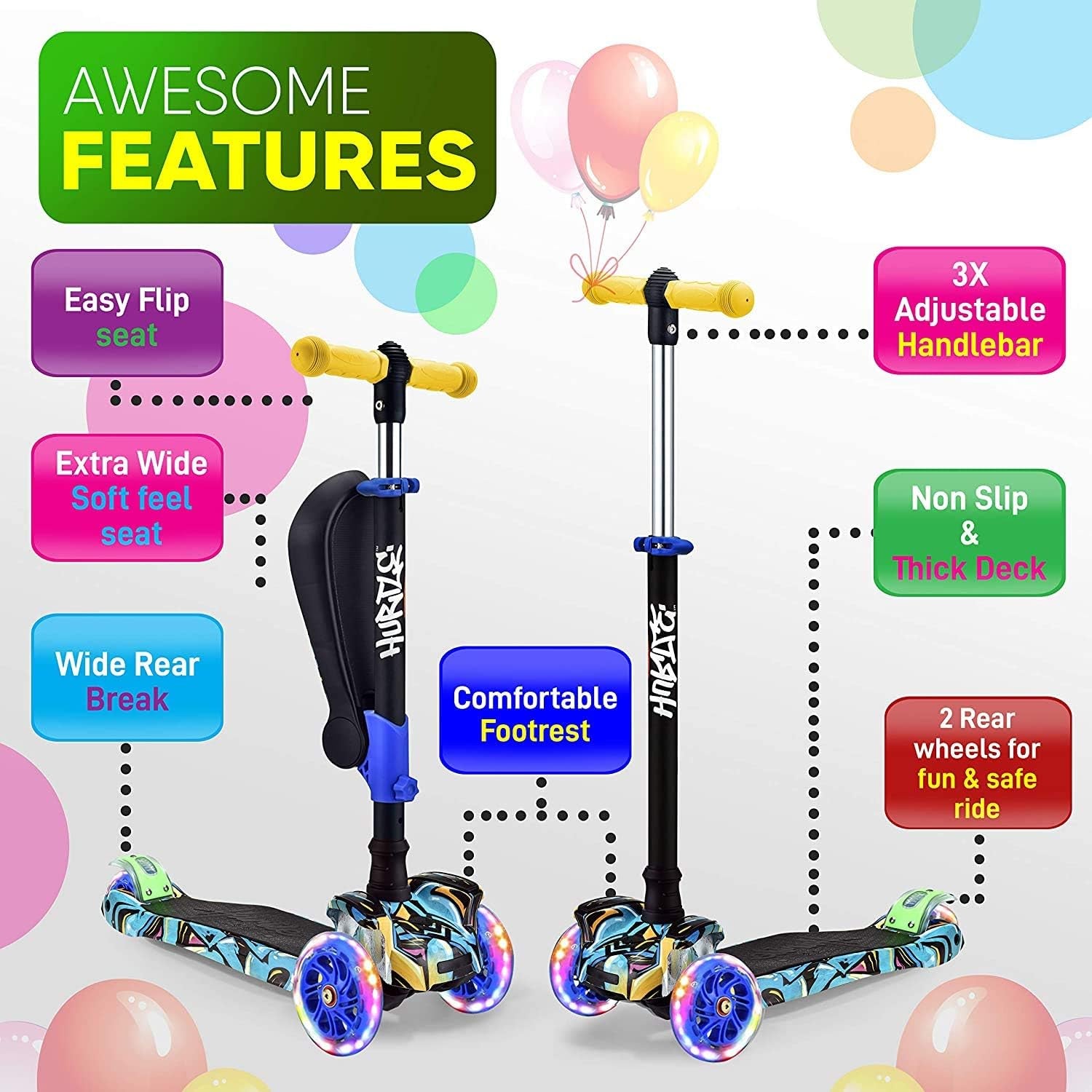 Scooter for Kids - Stand & Cruise Child/Toddlers Toy Folding Kick Scooters W/Adjustable Height, Anti-Slip Deck, Flashing Wheel Lights, for Boys/Girls 2-12 Year Old -