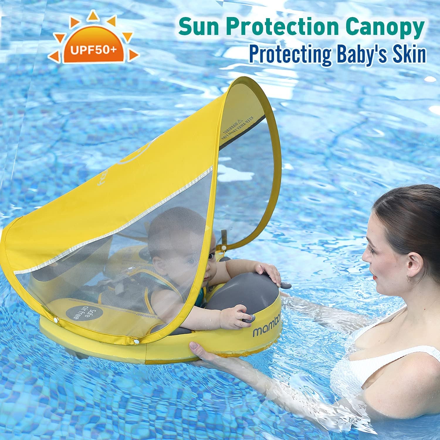 Upgraded Baby Float Non-Inflatable baby Swim Ring, Infant Soft Solid Swimming Trainer, Baby Pool Float with Removable UPF 50+ UV Sun Protection Canopy