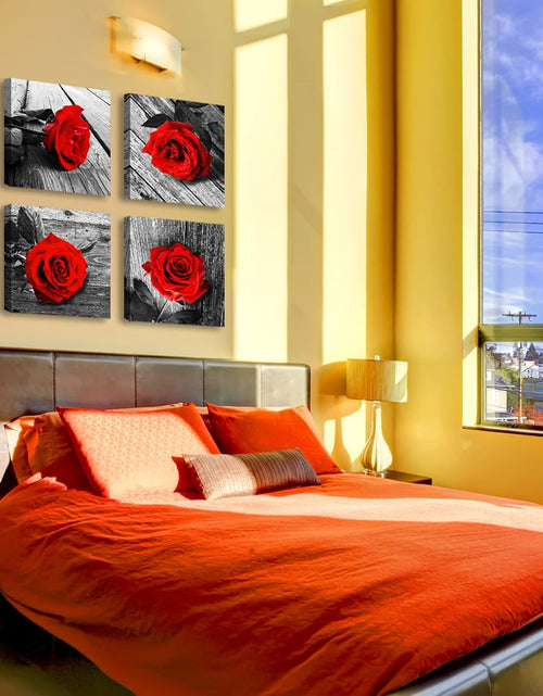 Load image into Gallery viewer, Red Bathroom Accessories Wall Decor for Couples Bedroom Black and White Paintings for Living Room Kitchen Home Decorations Canvas Prints Art Rose Flowers Love Picture Frame Artwork 12X12&quot; 4 Pcs/Set
