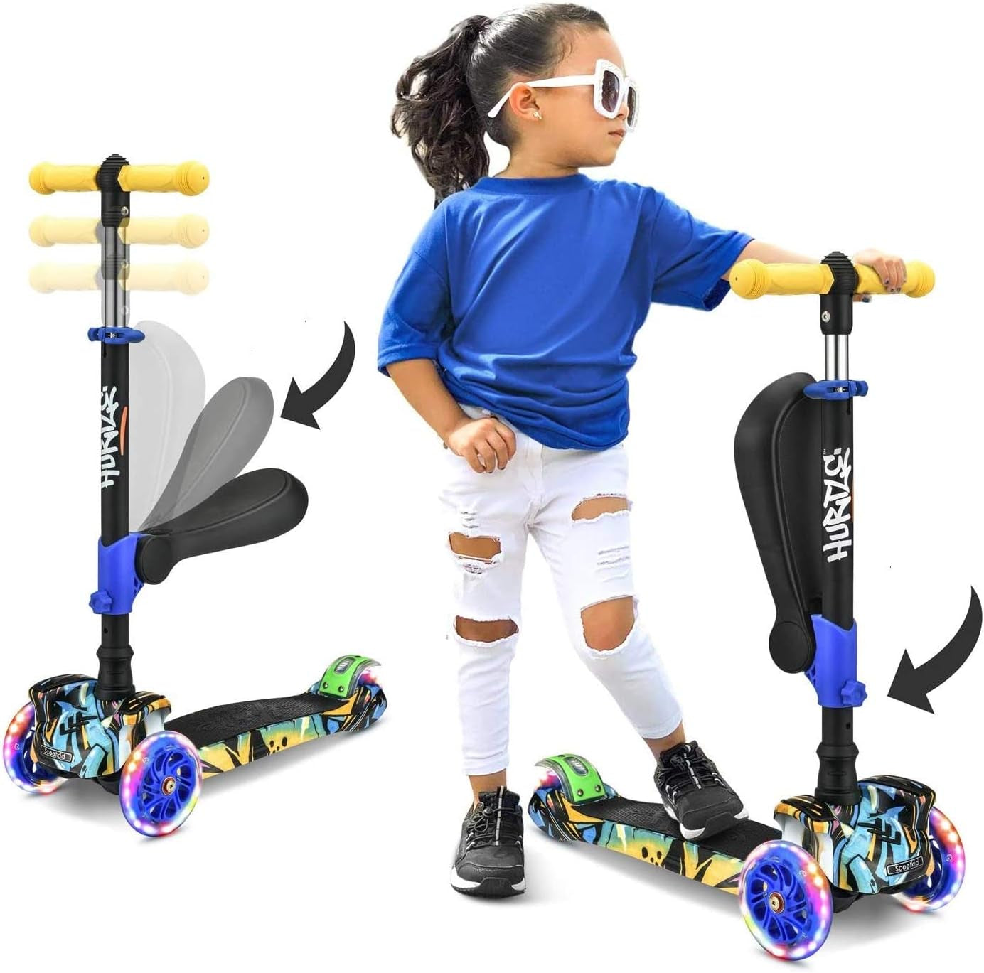 Scooter for Kids - Stand & Cruise Child/Toddlers Toy Folding Kick Scooters W/Adjustable Height, Anti-Slip Deck, Flashing Wheel Lights, for Boys/Girls 2-12 Year Old -