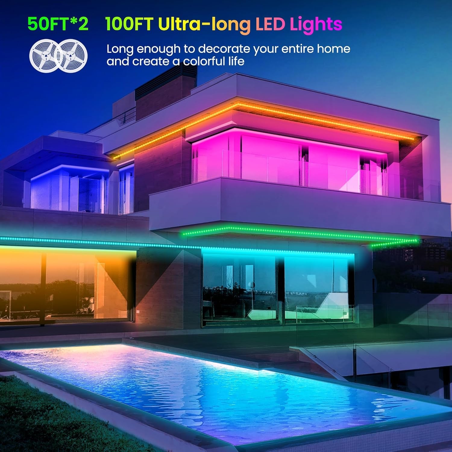 100 FT LED Strip Lights,Rope Lights,Bluetooth APP Control,Color Changing Light Strip,Lights Sync with Music,Para Cuarto,Led Lights for Bedroom（Packaging Error Described as 30FT）