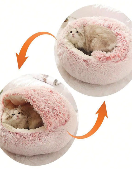 Load image into Gallery viewer, Plush Hooded Pet Bed round Fluffy Soft Cat Bed Pet Cushion Warm Cat Dog 2 in 1 Sleeping Nest Cave for Small Dogs
