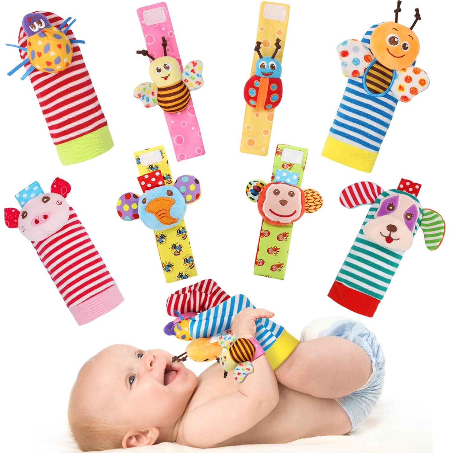 Baby Soft Rattle Toy Foot Finder Socks Wrists Rattles Ankle Leg Feet Hand Arm Bracelet Activity Rattle Baby Shower Present Gift for Neborn Baby Infant Boy Girl Bebe (8 Pcs)