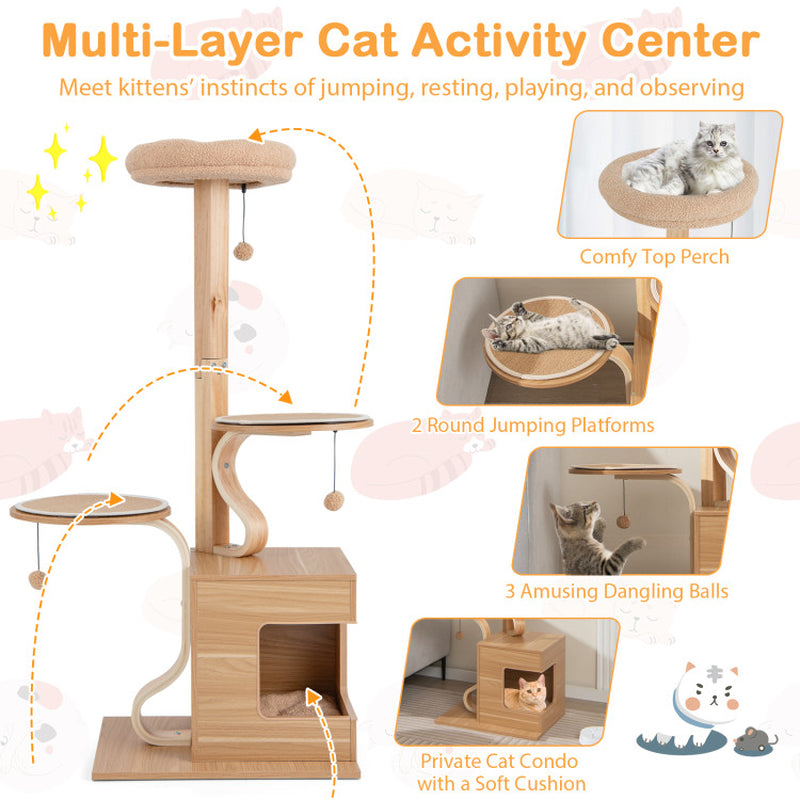 4-Layer Wooden Cat Tree 51 Inch Tall Cat Tower with Condo and Washable Cushions