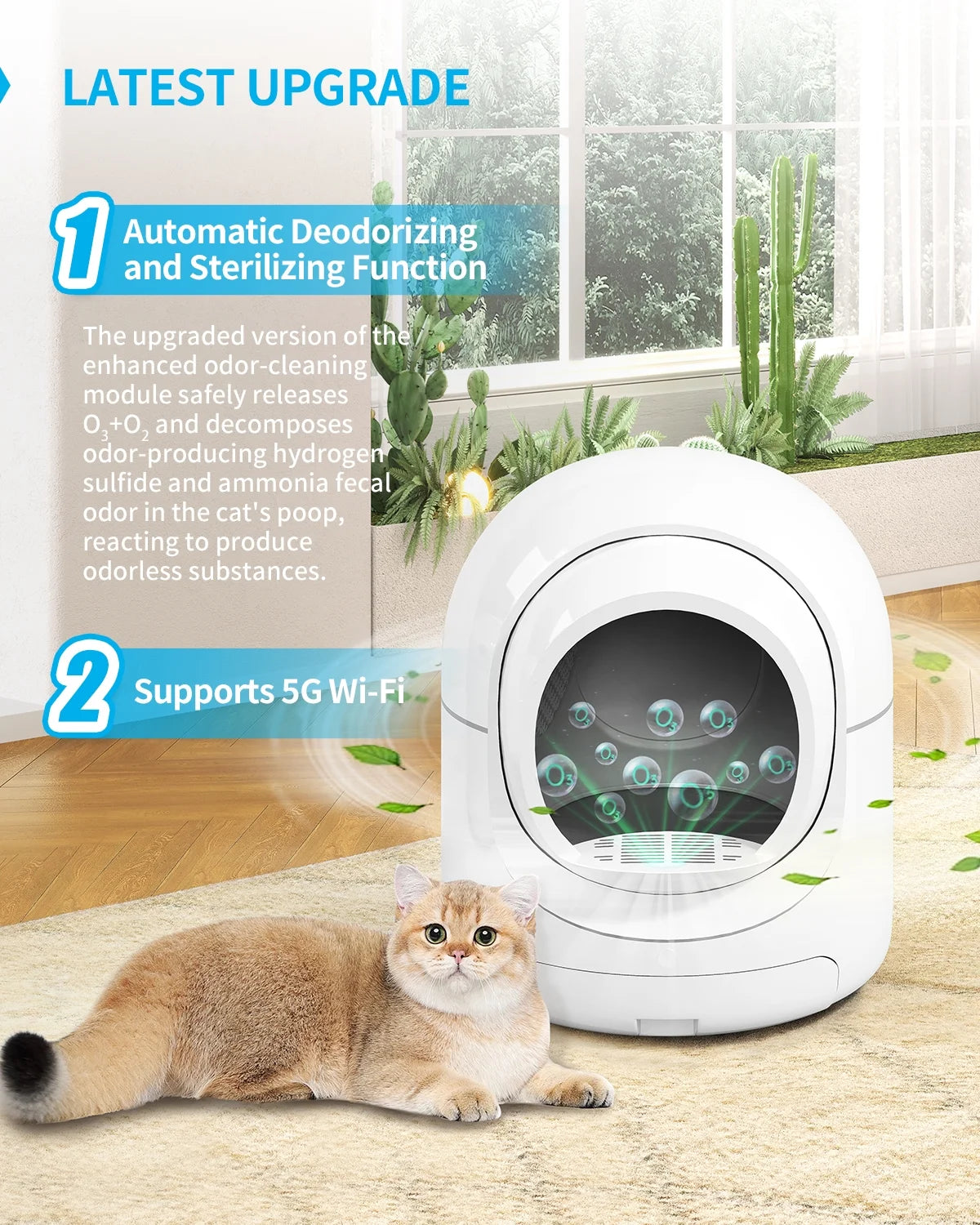 Self Cleaning Cat Litter Box,App Control Support,Odor Removal,85L Large Capacity,White&Gray