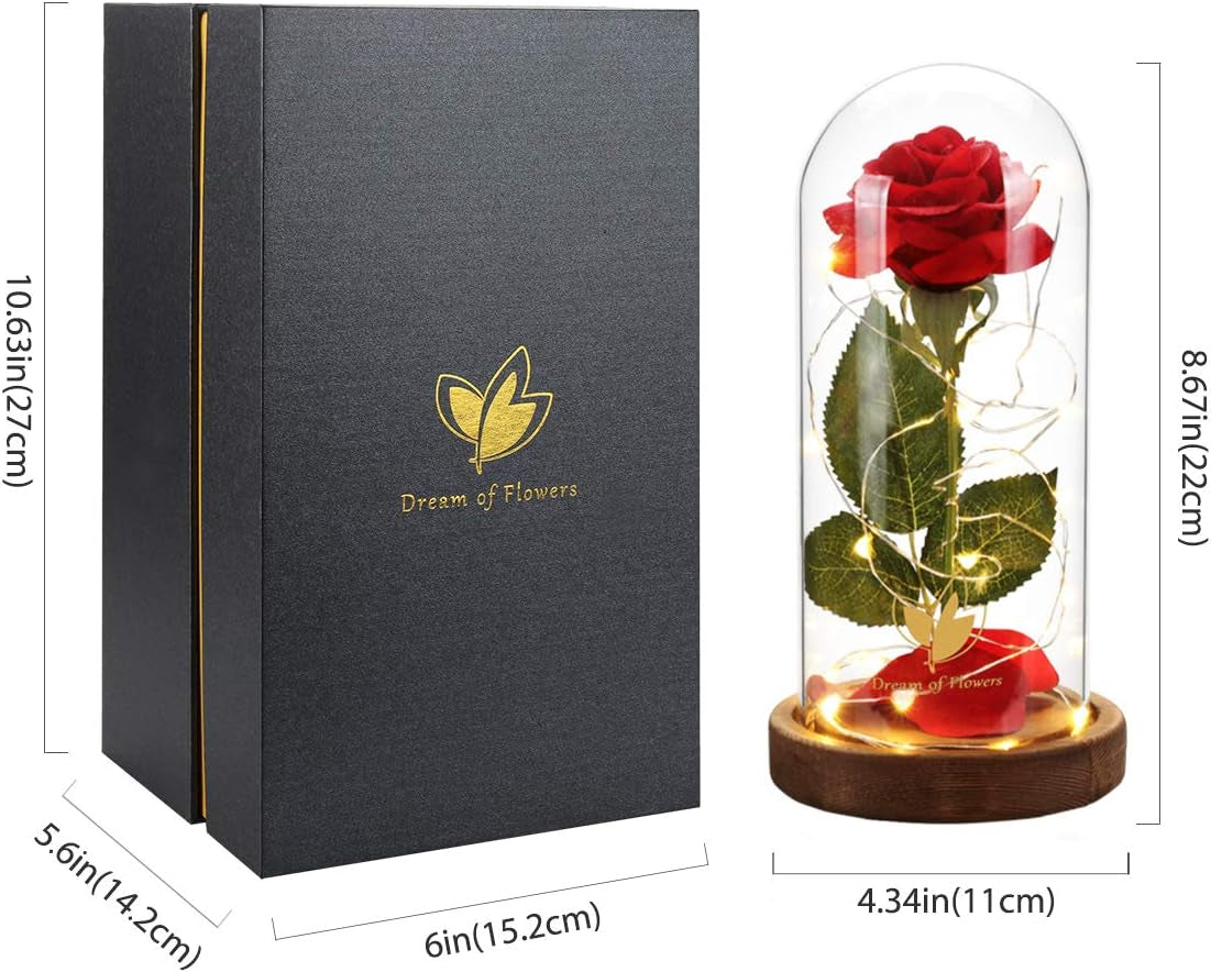 Beauty and the Beast Rose Set-The Best Holiday Surprise Gift for Mothers, Beautifully Decorated with Red Silk Roses, LED Lights, Dome Glass and Wooden Base