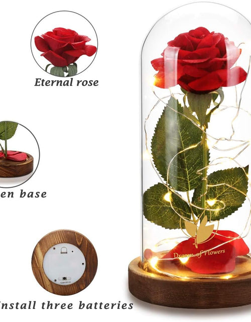 Load image into Gallery viewer, Beauty and the Beast Rose Set-The Best Holiday Surprise Gift for Mothers, Beautifully Decorated with Red Silk Roses, LED Lights, Dome Glass and Wooden Base
