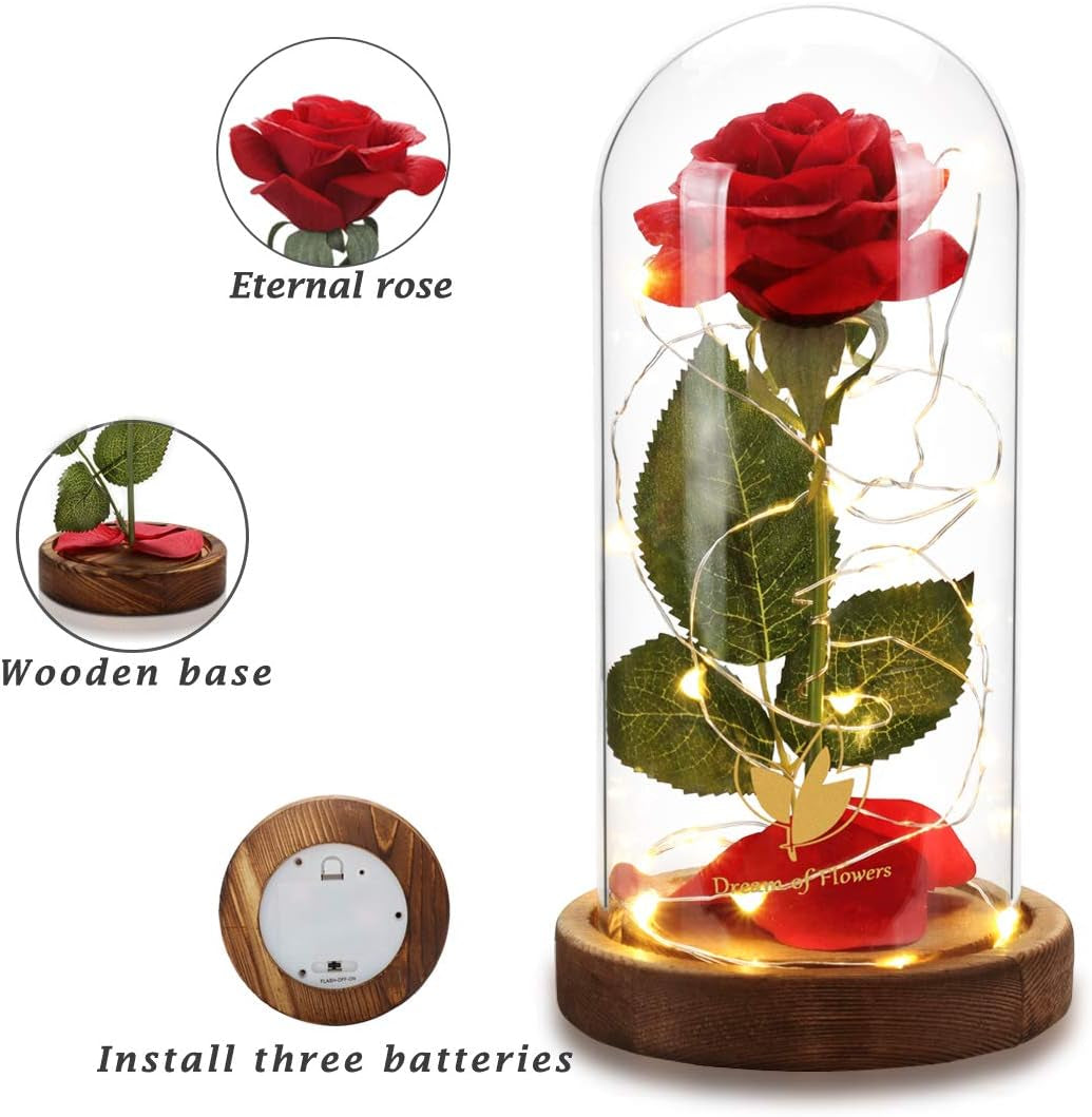 Beauty and the Beast Rose Set-The Best Holiday Surprise Gift for Mothers, Beautifully Decorated with Red Silk Roses, LED Lights, Dome Glass and Wooden Base