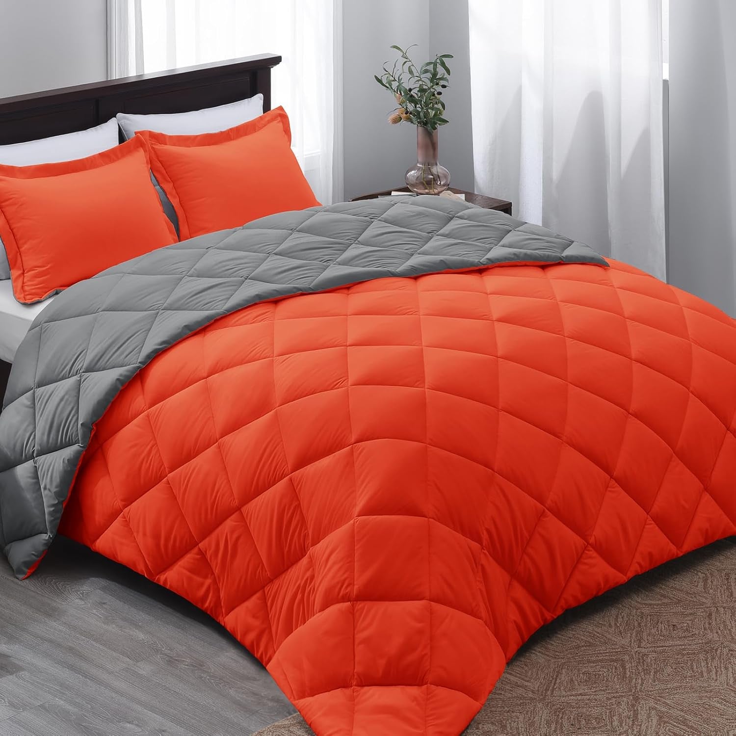 down Alternative Comforter Set (Queen, Flame/Charcoal Gray) - Reversible Bed Comforter with 2 Pillow Shams for All Seasons