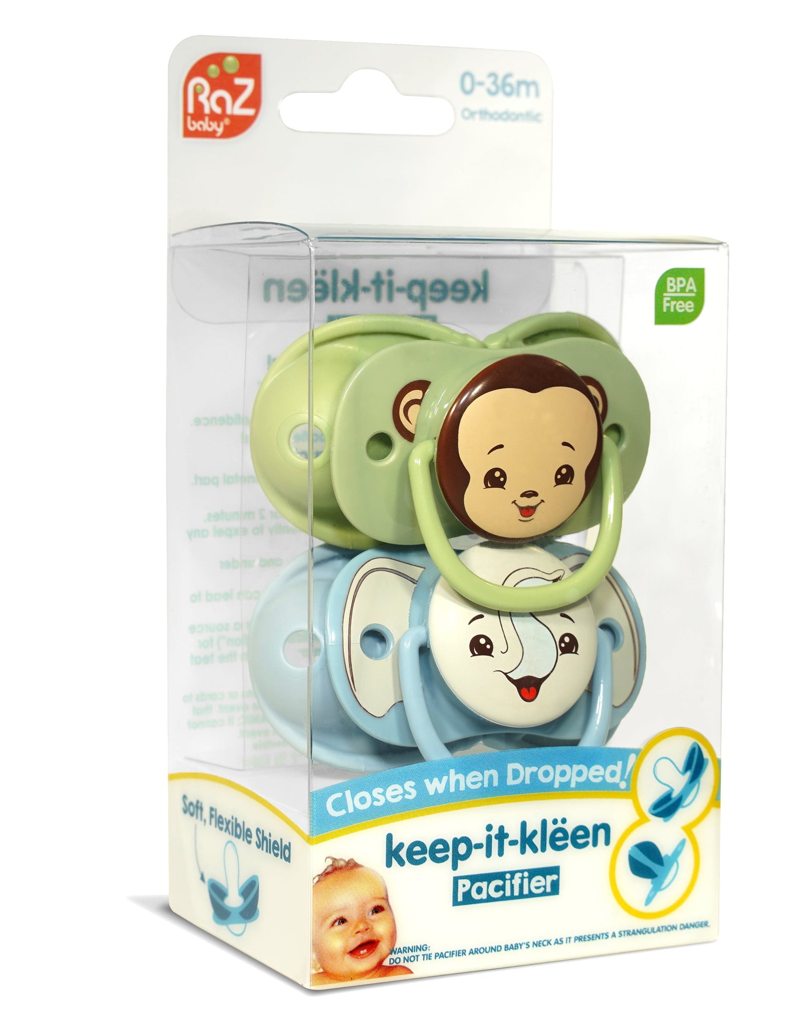 Keep-It-Kleen Pacifier 0-36M (2-Pack), Closes Automatically When Dropped | Elephant/Monkey