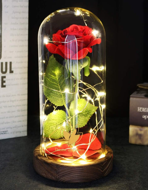 Load image into Gallery viewer, Beauty and the Beast Rose Set-The Best Holiday Surprise Gift for Mothers, Beautifully Decorated with Red Silk Roses, LED Lights, Dome Glass and Wooden Base
