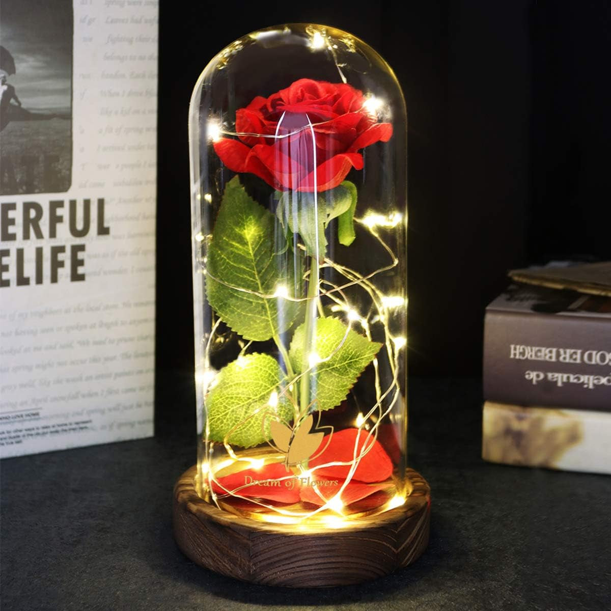 Beauty and the Beast Rose Set-The Best Holiday Surprise Gift for Mothers, Beautifully Decorated with Red Silk Roses, LED Lights, Dome Glass and Wooden Base