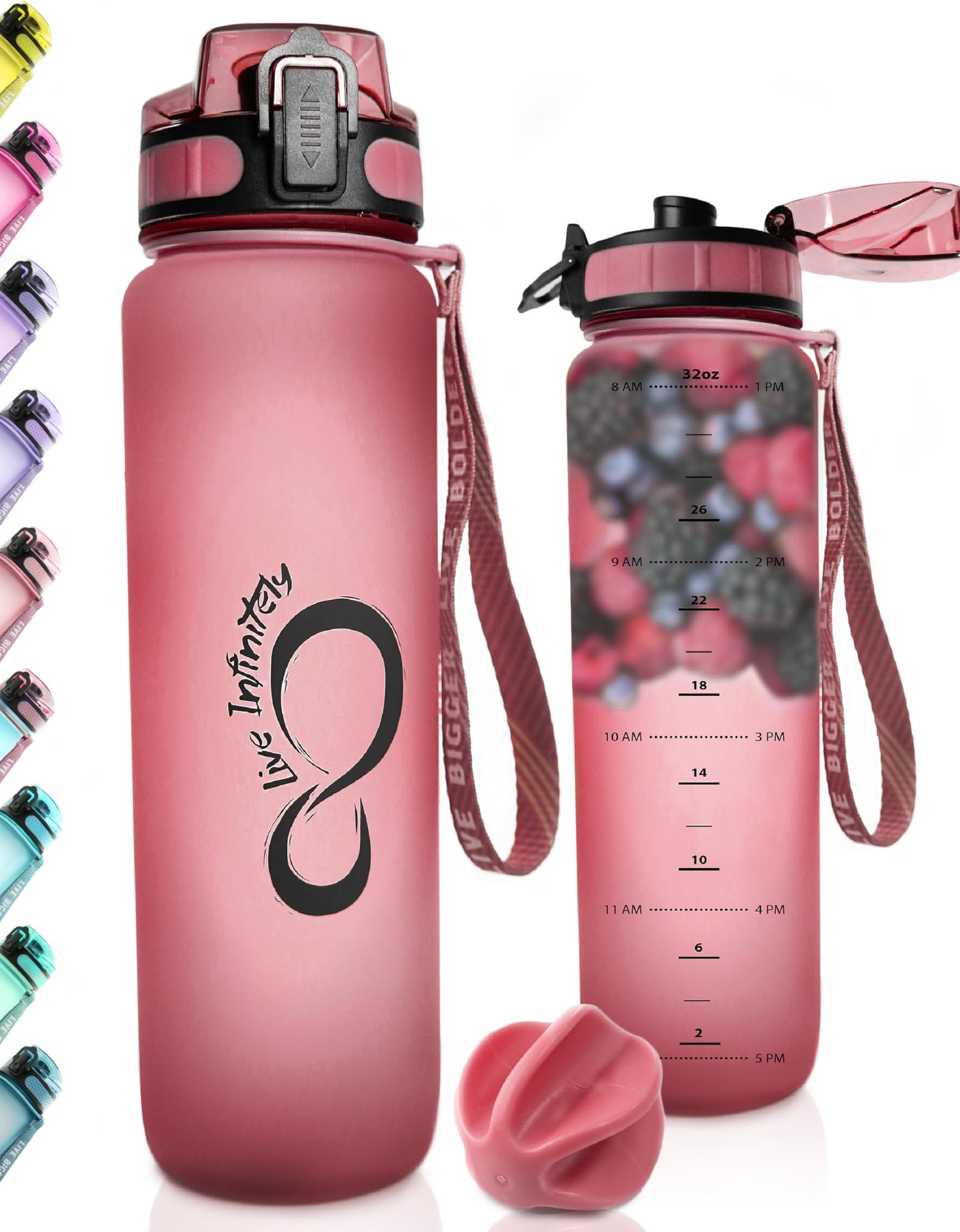 Gym Water Bottle with Time Marker Fruit Infuser and Shaker 34 Oz Amethyst