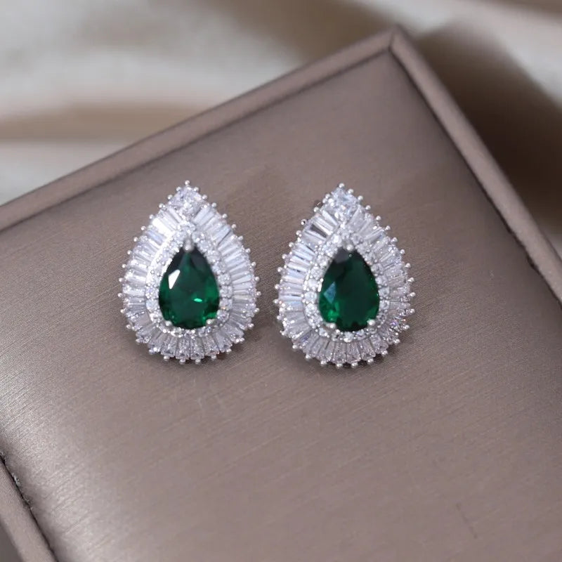 South Korea New Design Fashion Jewelry Luxury Green Zircon Water Drop stud Earrings Elegant Women's Prom Party Accessories