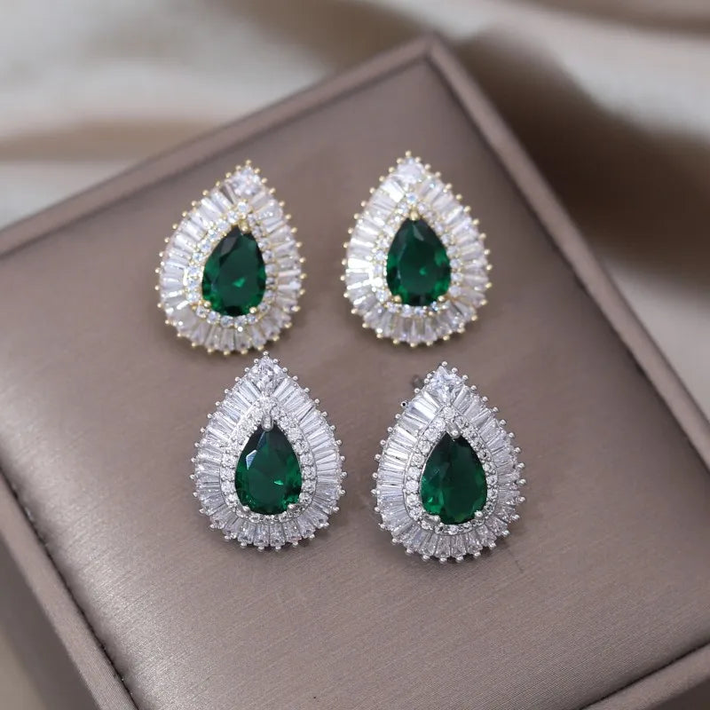 South Korea New Design Fashion Jewelry Luxury Green Zircon Water Drop stud Earrings Elegant Women's Prom Party Accessories