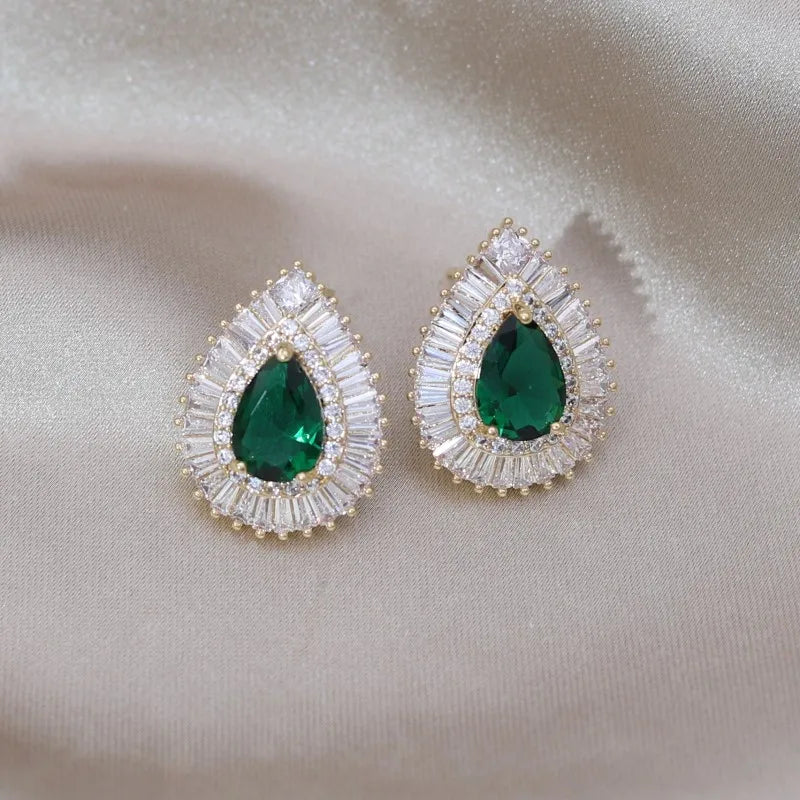 South Korea New Design Fashion Jewelry Luxury Green Zircon Water Drop stud Earrings Elegant Women's Prom Party Accessories