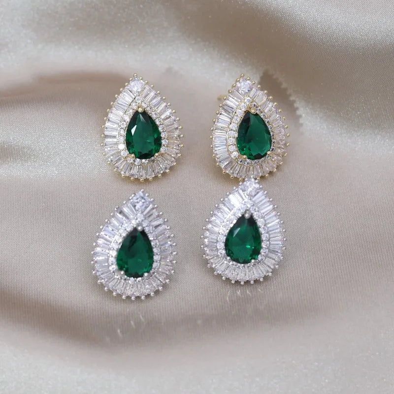 South Korea New Design Fashion Jewelry Luxury Green Zircon Water Drop stud Earrings Elegant Women's Prom Party Accessories