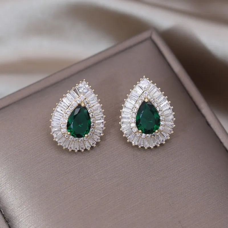 South Korea New Design Fashion Jewelry Luxury Green Zircon Water Drop stud Earrings Elegant Women's Prom Party Accessories