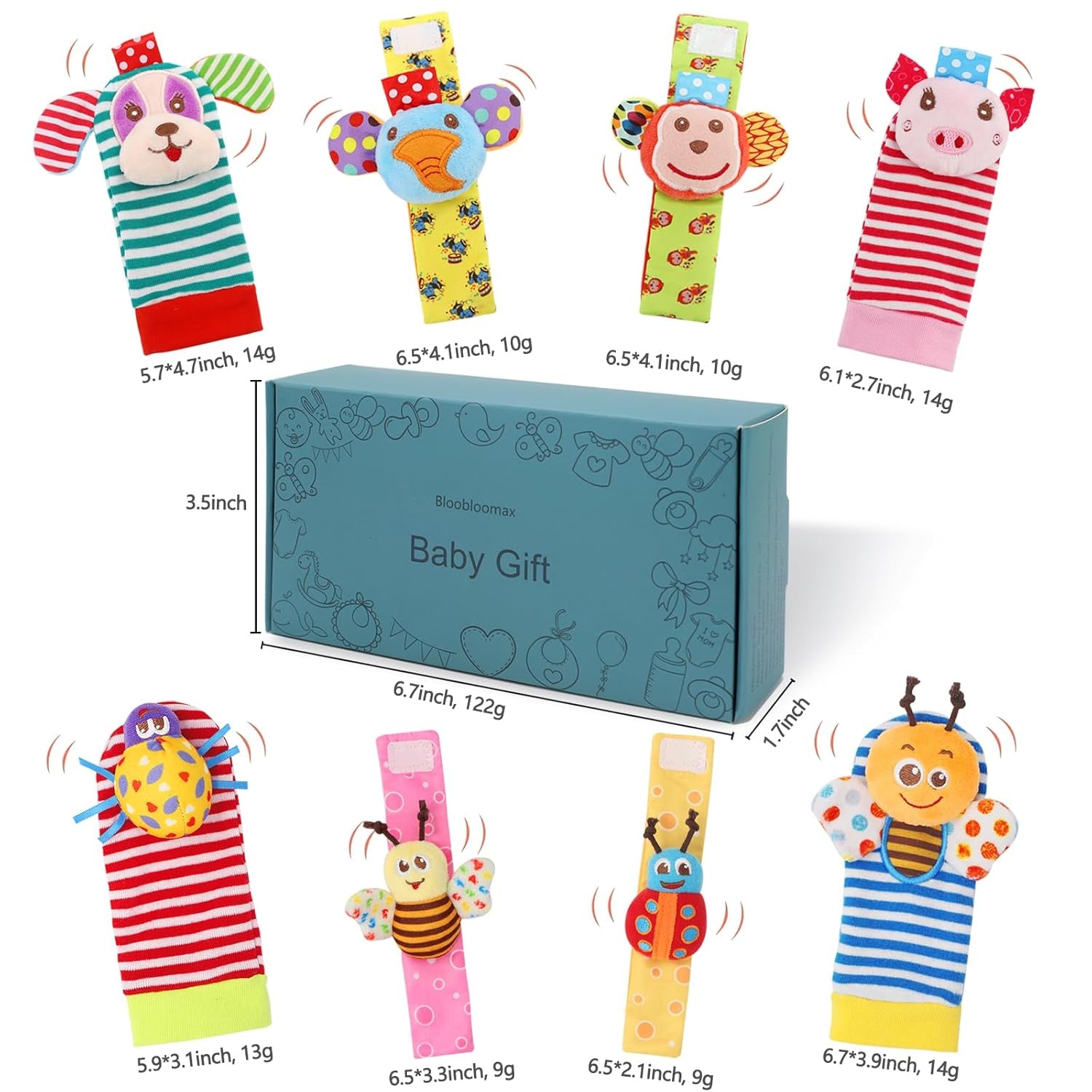 Baby Soft Rattle Toy Foot Finder Socks Wrists Rattles Ankle Leg Feet Hand Arm Bracelet Activity Rattle Baby Shower Present Gift for Neborn Baby Infant Boy Girl Bebe (8 Pcs)