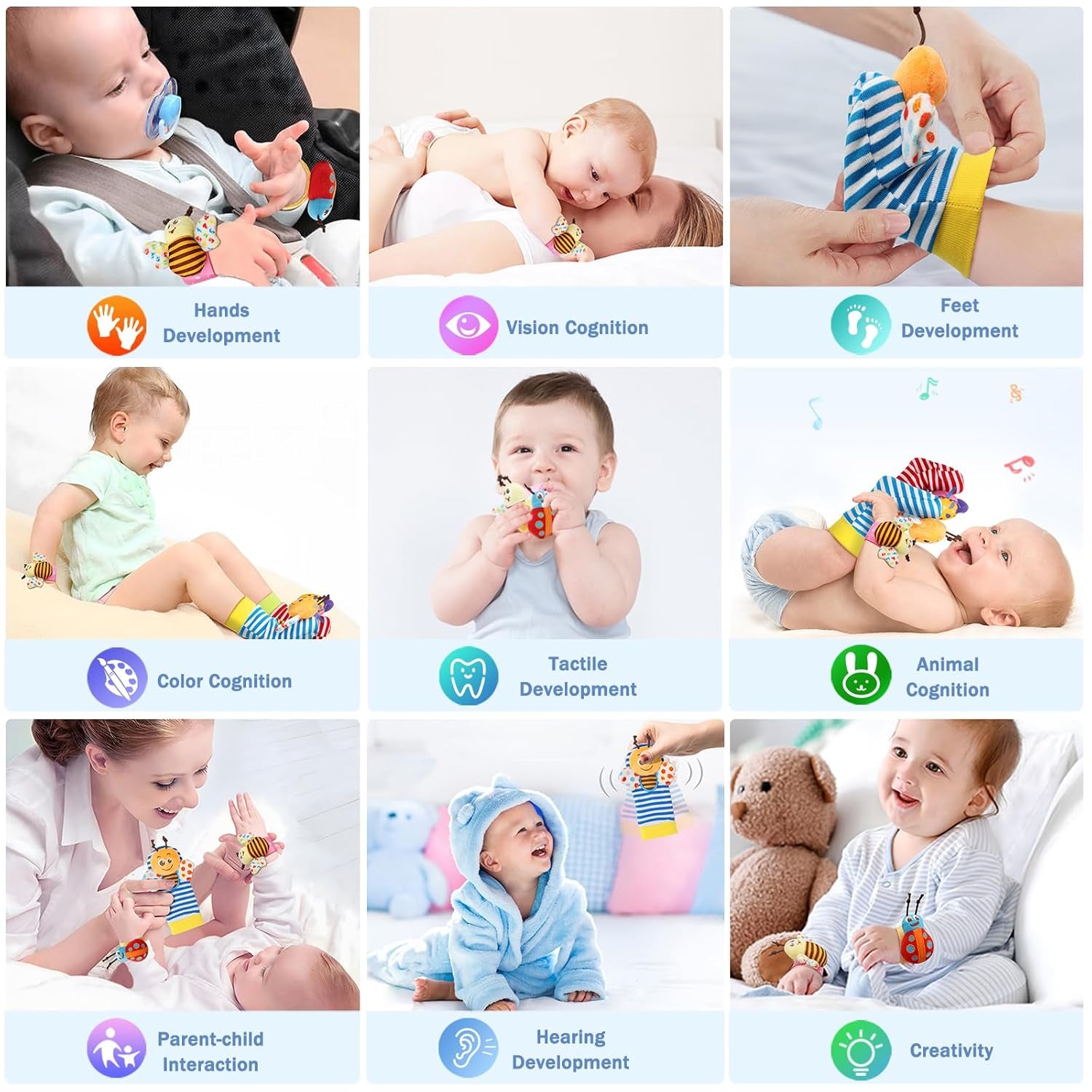 Baby Soft Rattle Toy Foot Finder Socks Wrists Rattles Ankle Leg Feet Hand Arm Bracelet Activity Rattle Baby Shower Present Gift for Neborn Baby Infant Boy Girl Bebe (8 Pcs)