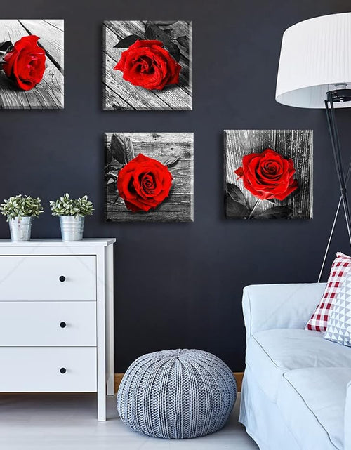 Load image into Gallery viewer, Red Bathroom Accessories Wall Decor for Couples Bedroom Black and White Paintings for Living Room Kitchen Home Decorations Canvas Prints Art Rose Flowers Love Picture Frame Artwork 12X12&quot; 4 Pcs/Set
