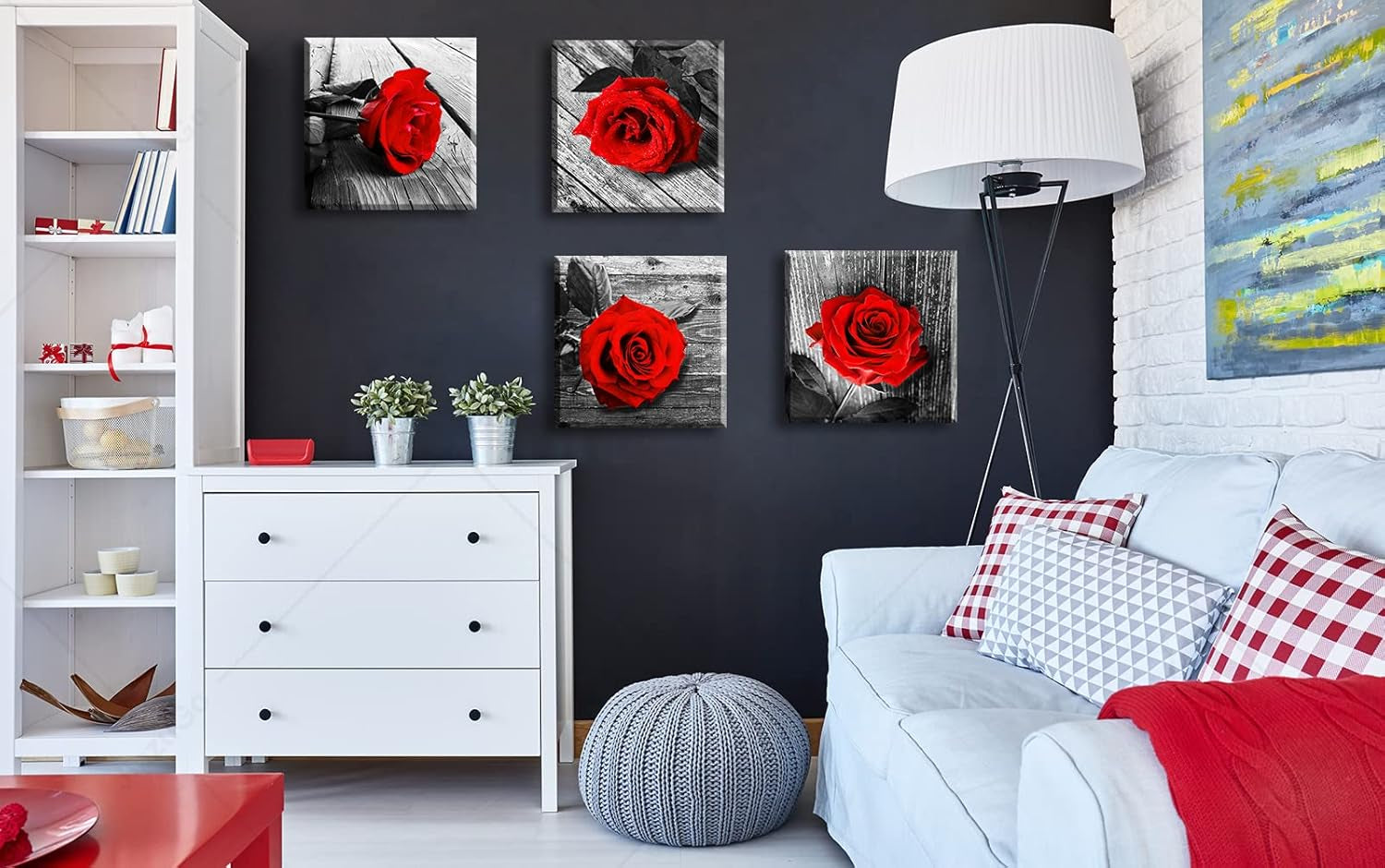 Red Bathroom Accessories Wall Decor for Couples Bedroom Black and White Paintings for Living Room Kitchen Home Decorations Canvas Prints Art Rose Flowers Love Picture Frame Artwork 12X12" 4 Pcs/Set