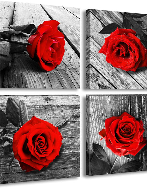 Load image into Gallery viewer, Red Bathroom Accessories Wall Decor for Couples Bedroom Black and White Paintings for Living Room Kitchen Home Decorations Canvas Prints Art Rose Flowers Love Picture Frame Artwork 12X12&quot; 4 Pcs/Set
