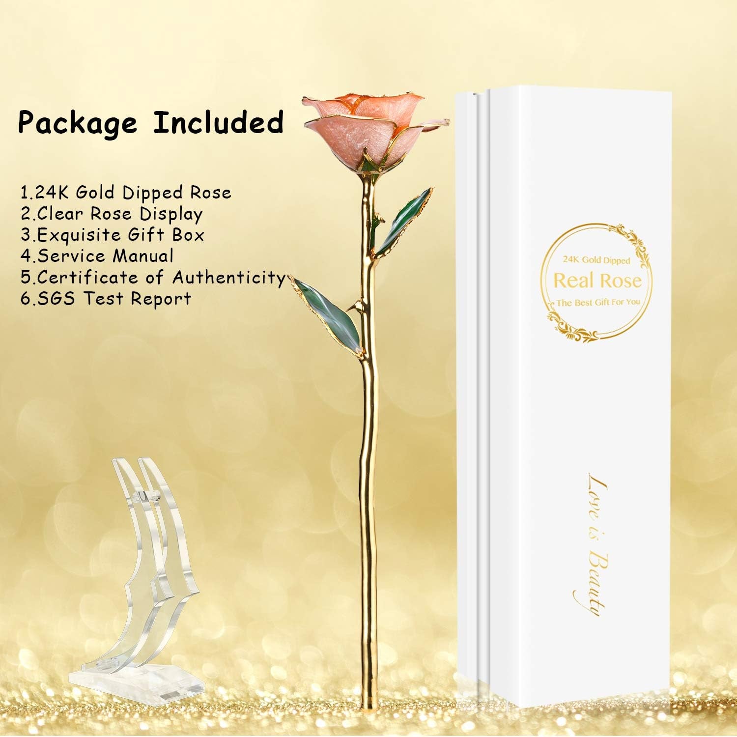 24K Gold Rose, Gold Dipped Rose Made from Real Rose Best Gifts for Her and Great Gifts for Wife, Pink with Stand