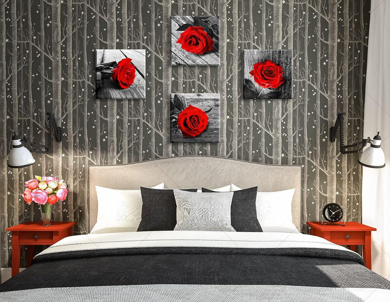 Red Bathroom Accessories Wall Decor for Couples Bedroom Black and White Paintings for Living Room Kitchen Home Decorations Canvas Prints Art Rose Flowers Love Picture Frame Artwork 12X12" 4 Pcs/Set