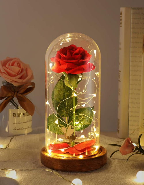 Load image into Gallery viewer, Beauty and the Beast Rose Set-The Best Holiday Surprise Gift for Mothers, Beautifully Decorated with Red Silk Roses, LED Lights, Dome Glass and Wooden Base
