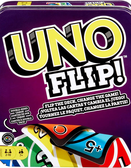 Load image into Gallery viewer, UNO FLIP! Family Card Game, with 112 Cards in a Sturdy Storage Tin, Makes a Great Toy for 7Y+ and up UNO FLIP! Family Card Game, with 112 Cards in a Sturdy Storage Tin (Amazon Exclusive)
