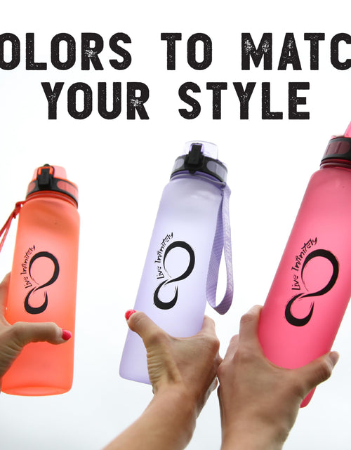 Load image into Gallery viewer, Gym Water Bottle with Time Marker Fruit Infuser and Shaker 34 Oz Amethyst
